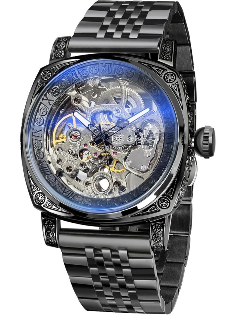 Vintage Square Retro Mechanical Watch - Self-Wind Skeleton Design, Leather Strap